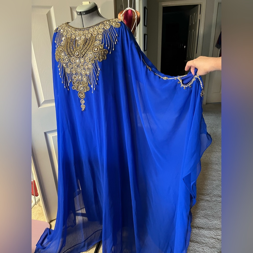 Royal Blue chiffon, formal Indian dress with heavily beaded front and neckline.